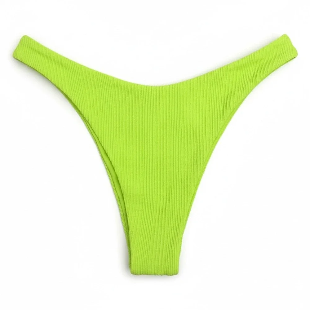 L*SPACE Cucumber Green Cabana Bikini Bottom Ribbed High-Leg Large L NWT‎